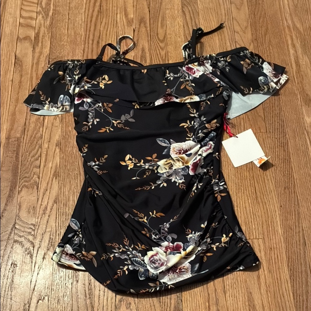 Divinitasole black floral off shoulder swim tank.